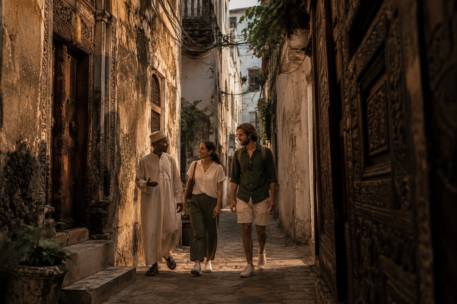 A guide walking two travellers through a Stone Town alley in Zanzibar